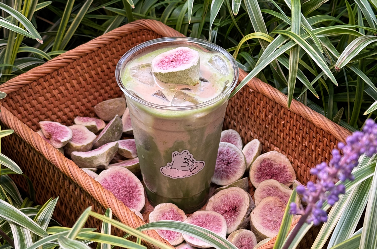 Fig cream matcha topped with fresh fig, Choji's best-selling iced matcha latte in Greenwich Village, NYC