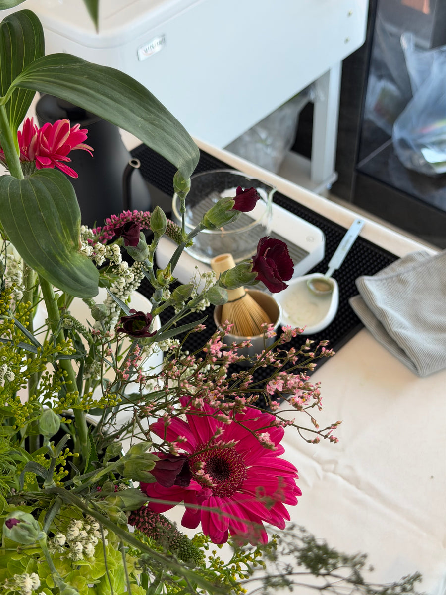 Flower arrangement at the Choji x Solante matcha pop-up