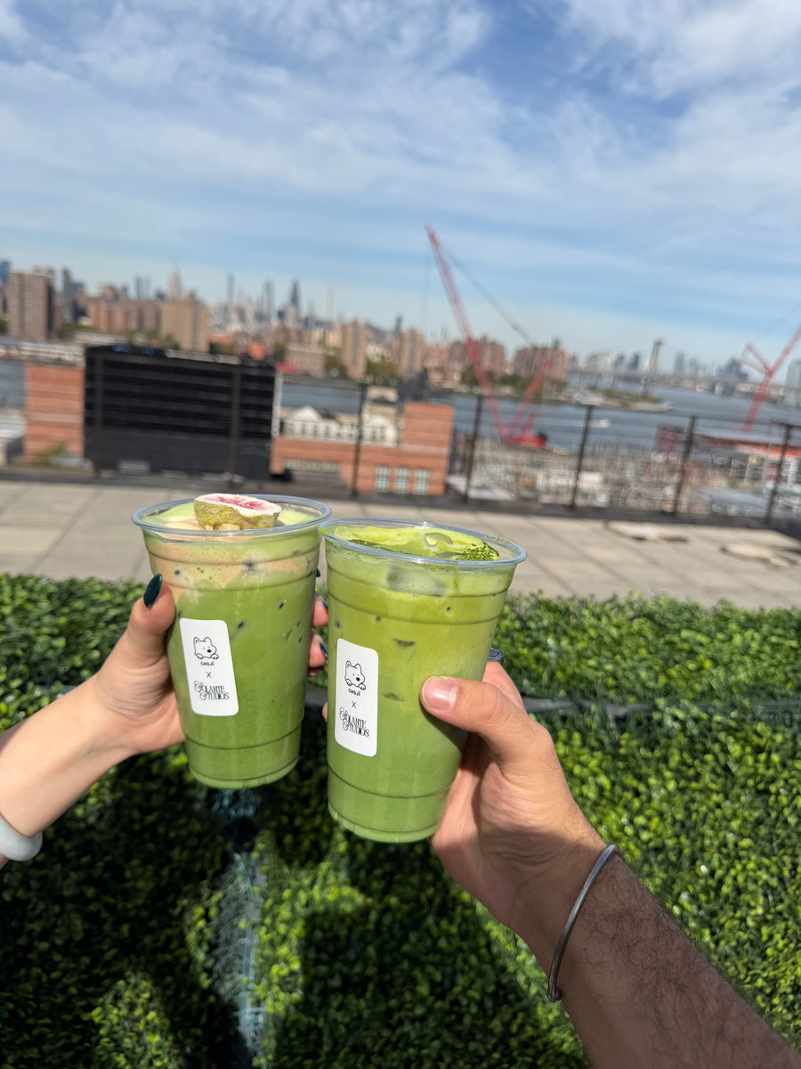 Two Choji iced matcha lattes with the NYC skyline from a Greenpoint rooftop