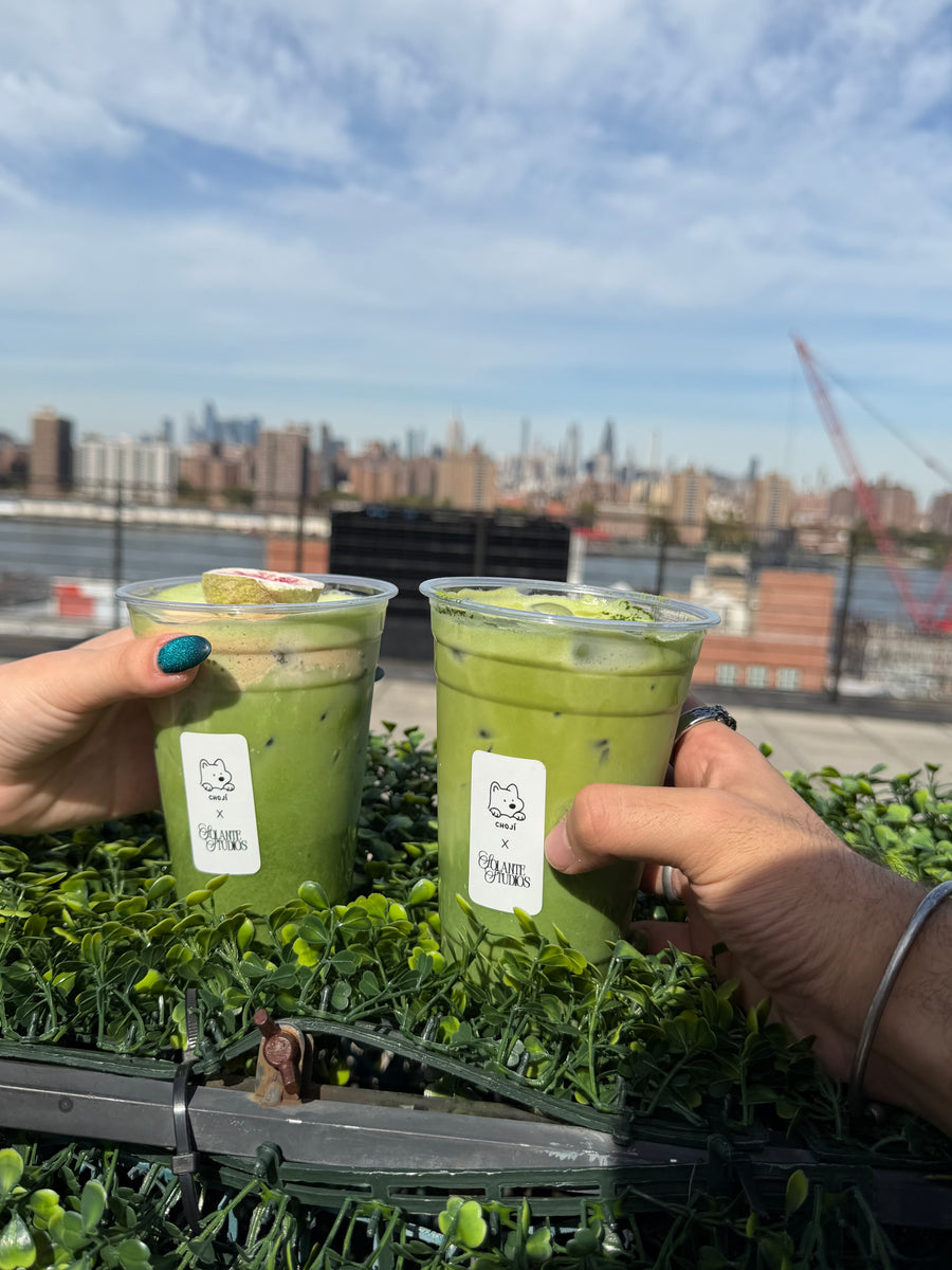 Cheers with Choji iced matcha lattes on a Brooklyn rooftop