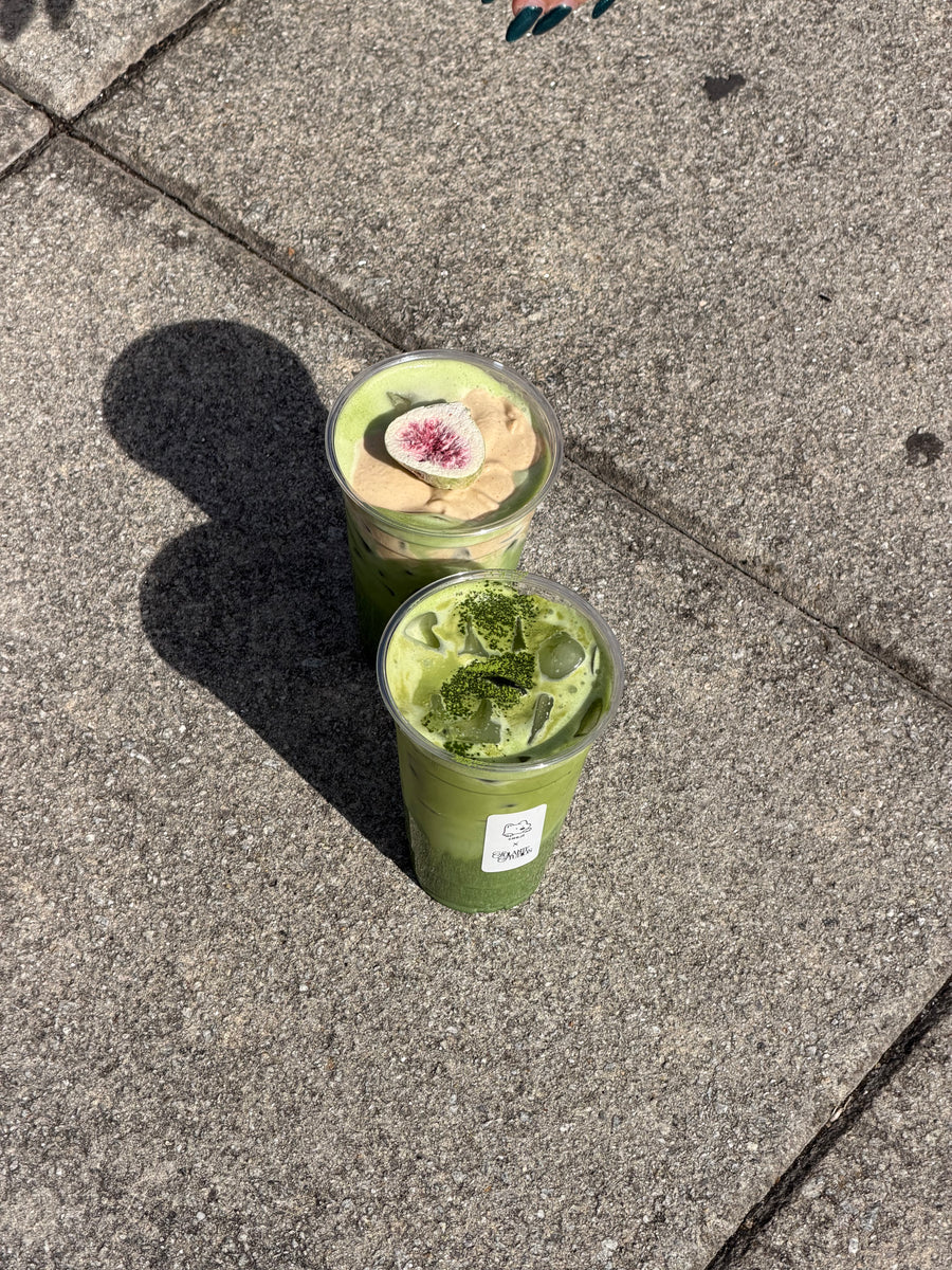 Fig cream matcha and iced matcha latte from Choji, from above