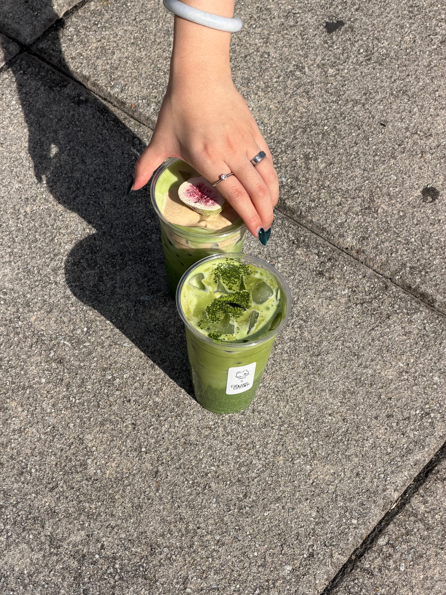 Picking up a Choji fig cream matcha and an iced matcha latte
