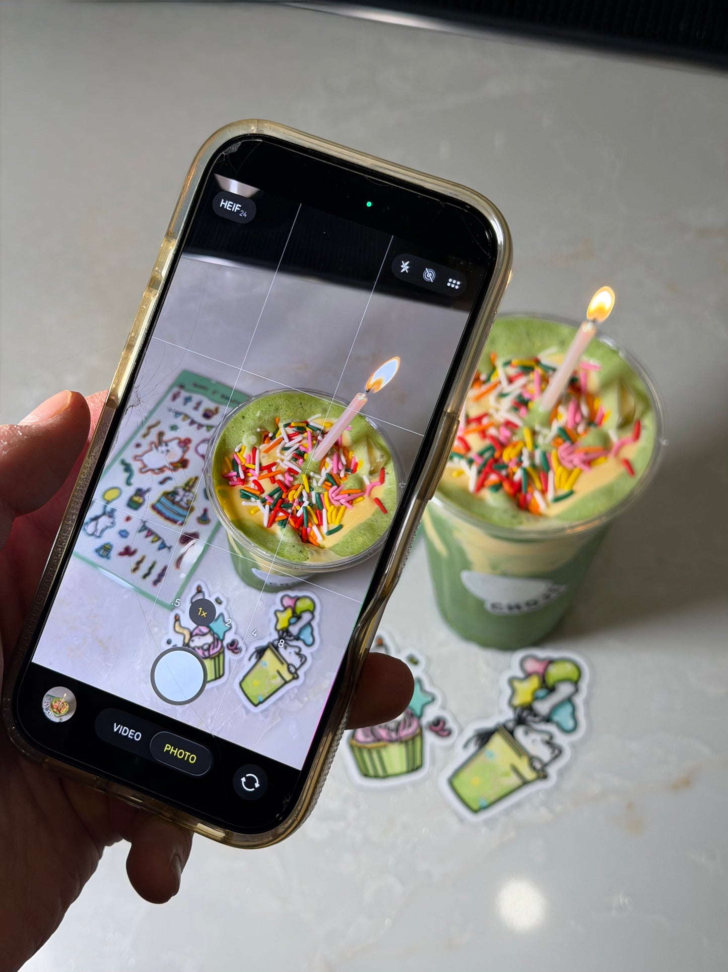 Happy Chojiversary stickers with an iced matcha drink